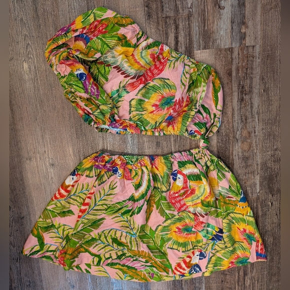 Farm Rio Macaw Leaves Cutout Waist Linen Blend Mini Dress Size M - Picture 2 of 14